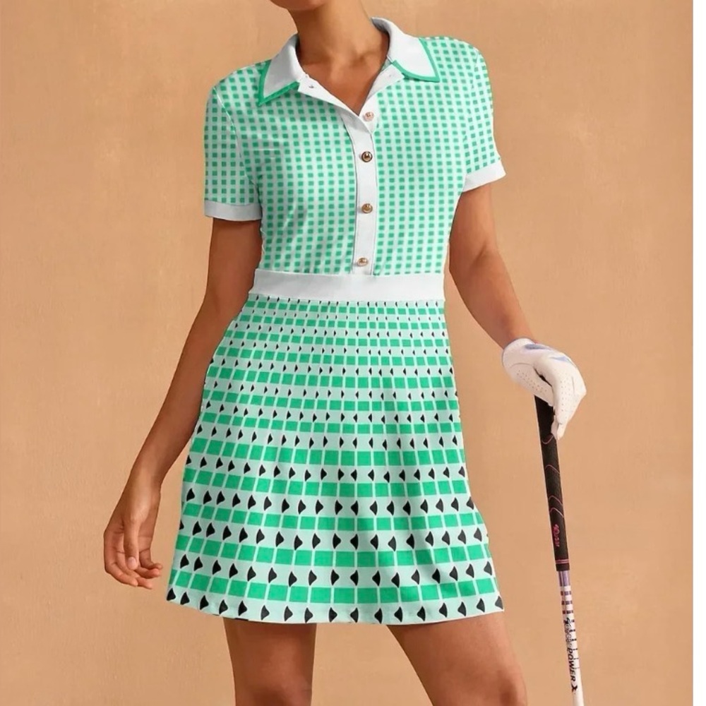 Green and White Patterned Mini Dress